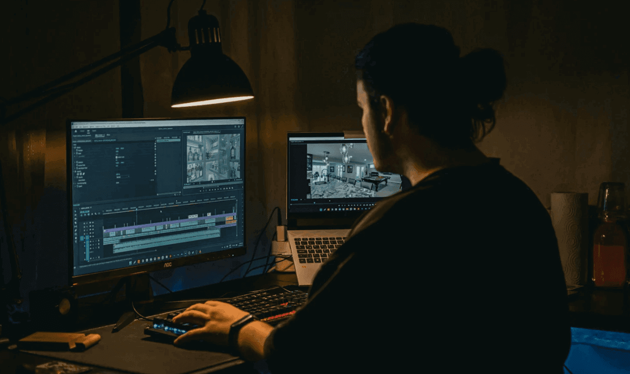 Man using AI tools to alter a photo on dual